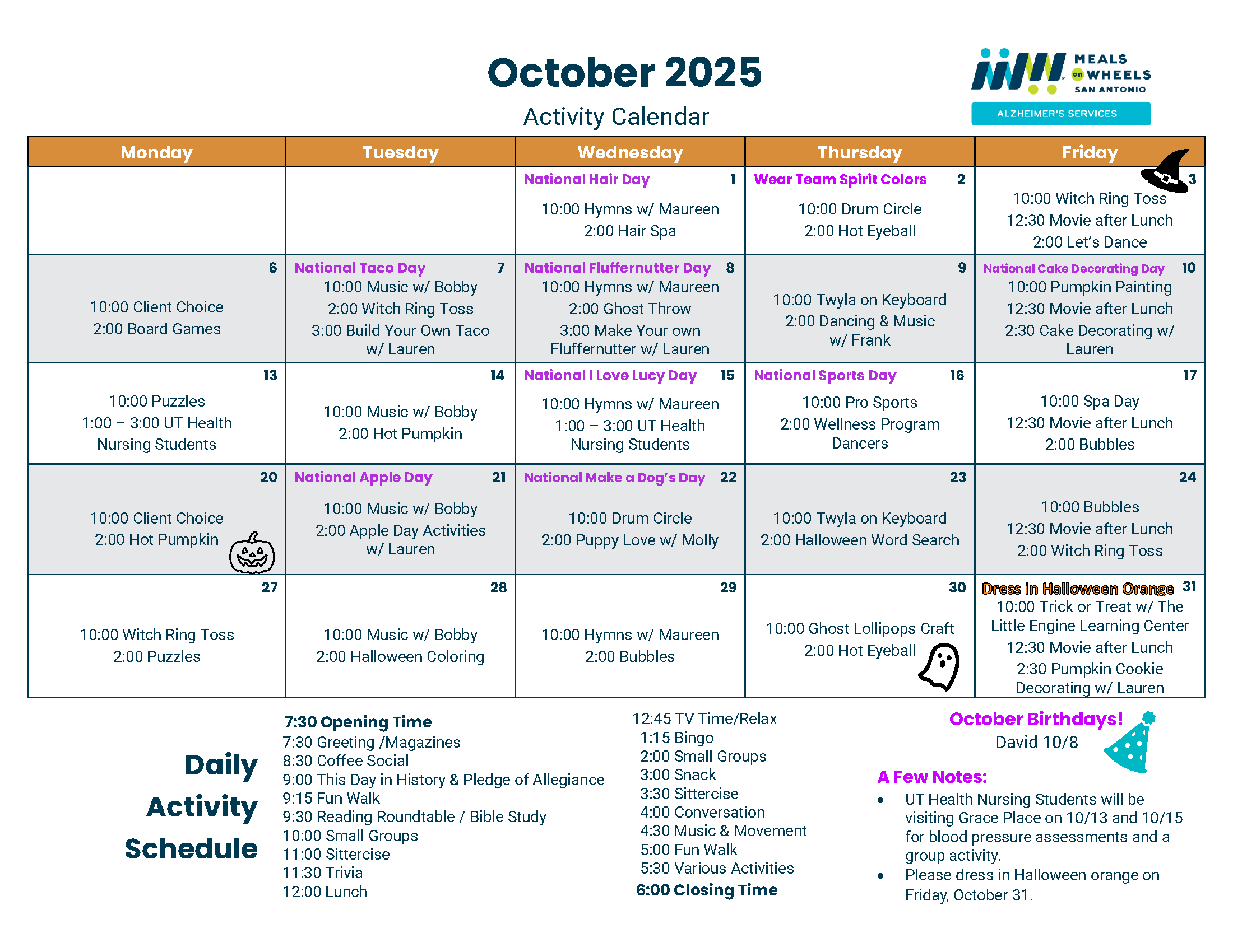 Grace Place October 2025 Activity Calendar
