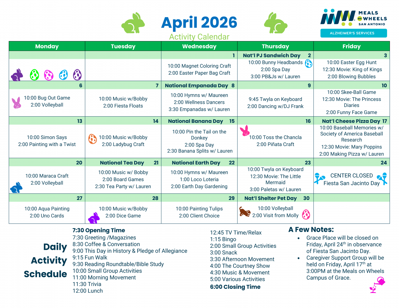Grace Place - April 2026 Activity Calendar
