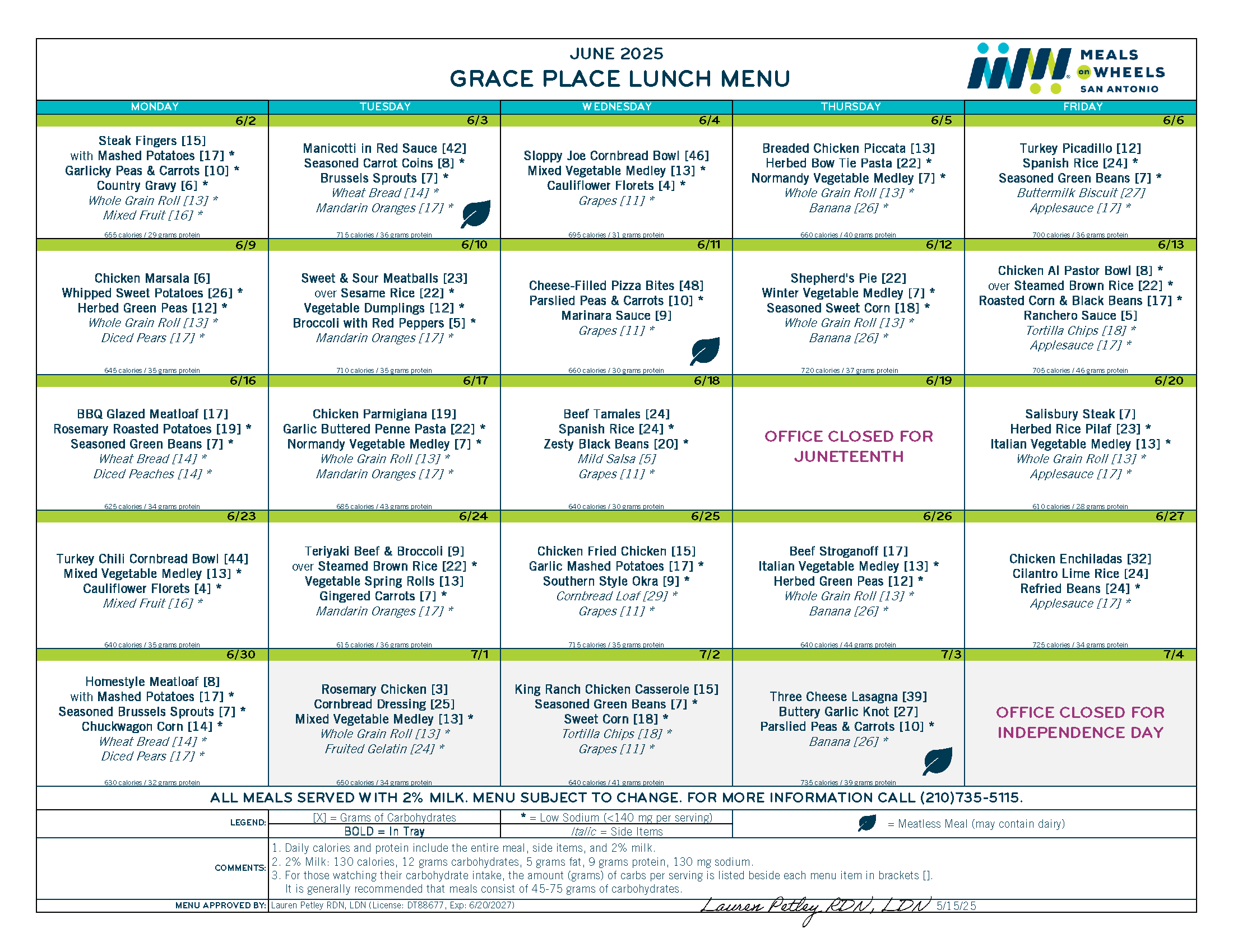 June 2025 - Grace Place Menu