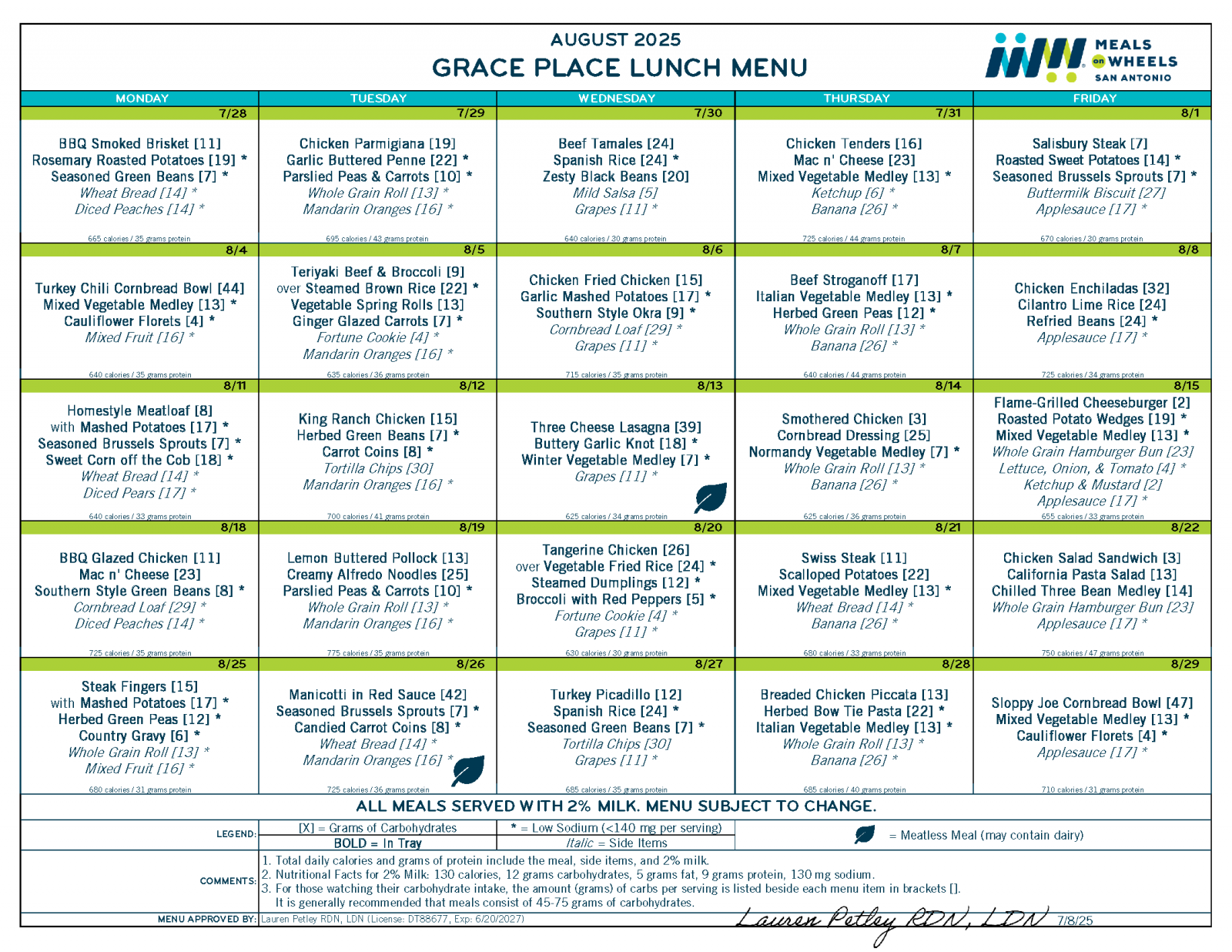 Grace Place August 2025 Menu