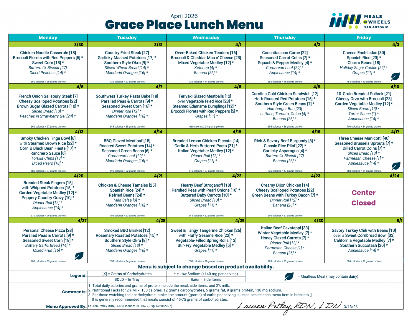 Grace Place - April 2026 Menu