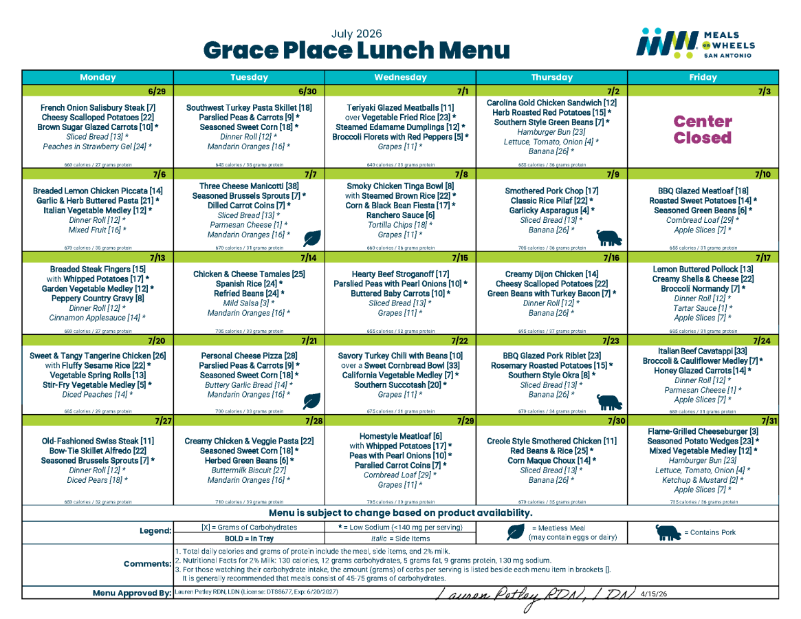 Grace Place July 2026 Lunch Menu