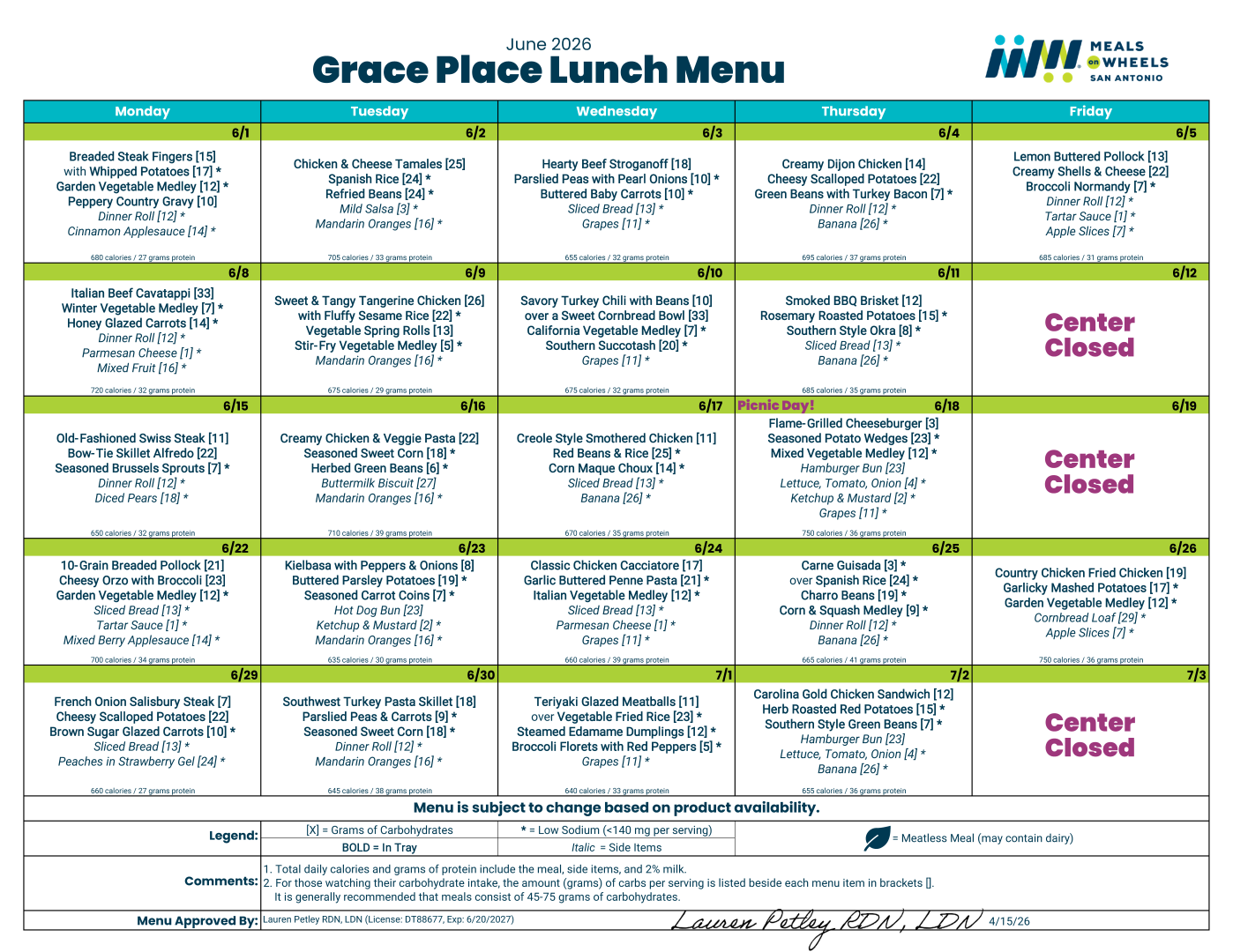 June 2026 Grace Place Lunch Calendar