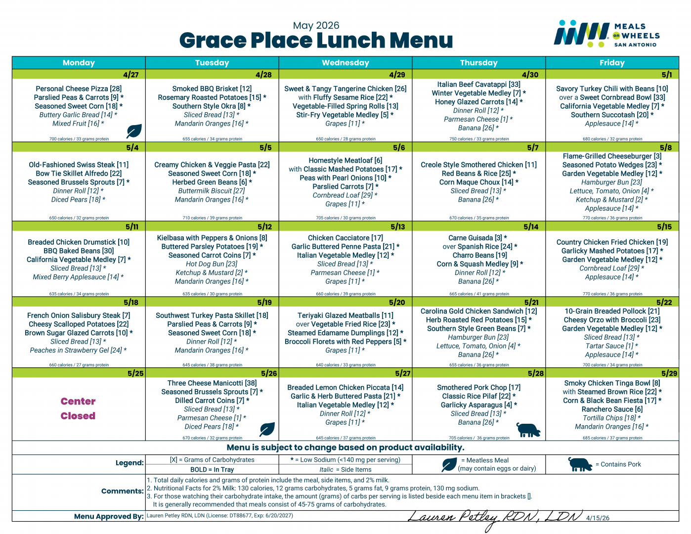 May 2026 Grace Place Lunch Menu