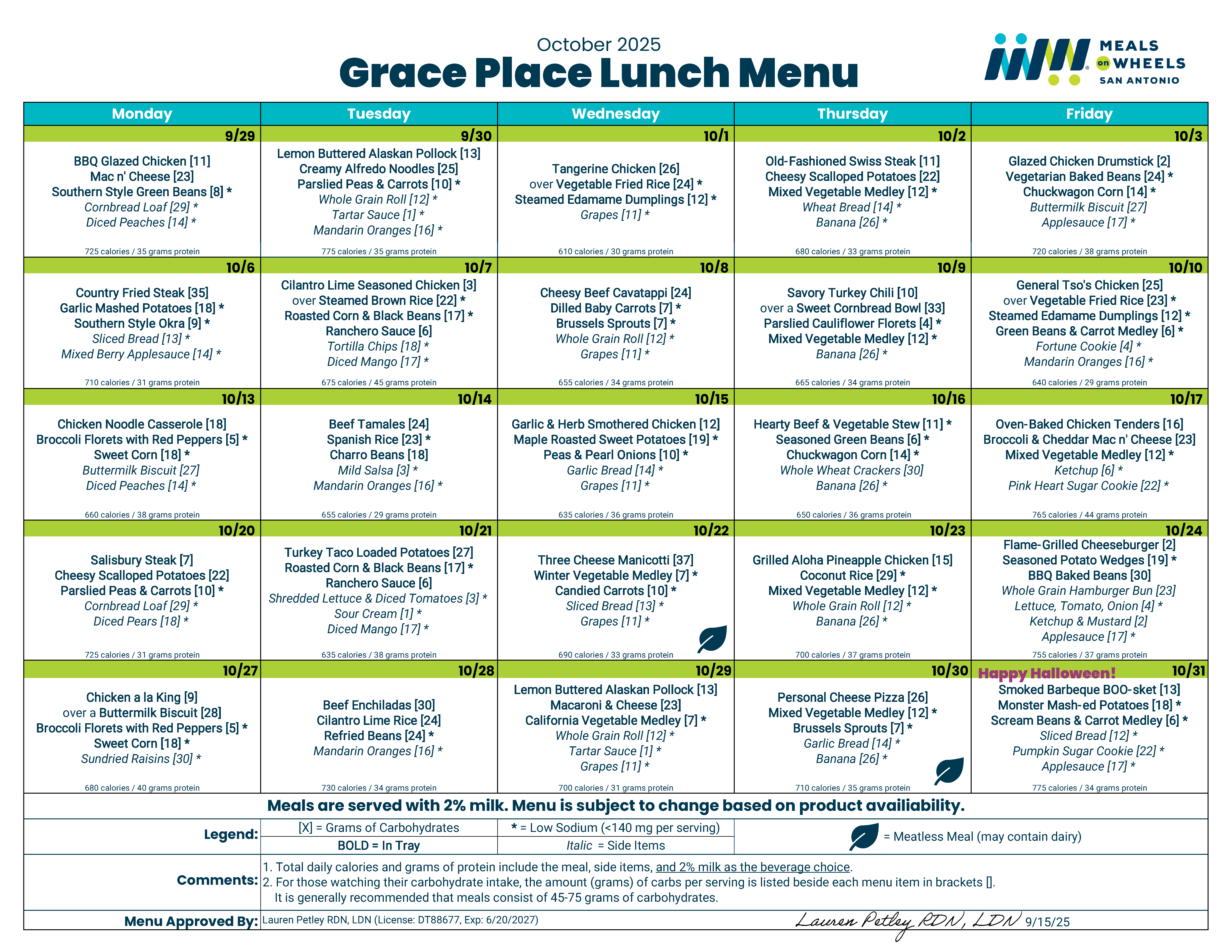 Grace Place October 2025 Menu