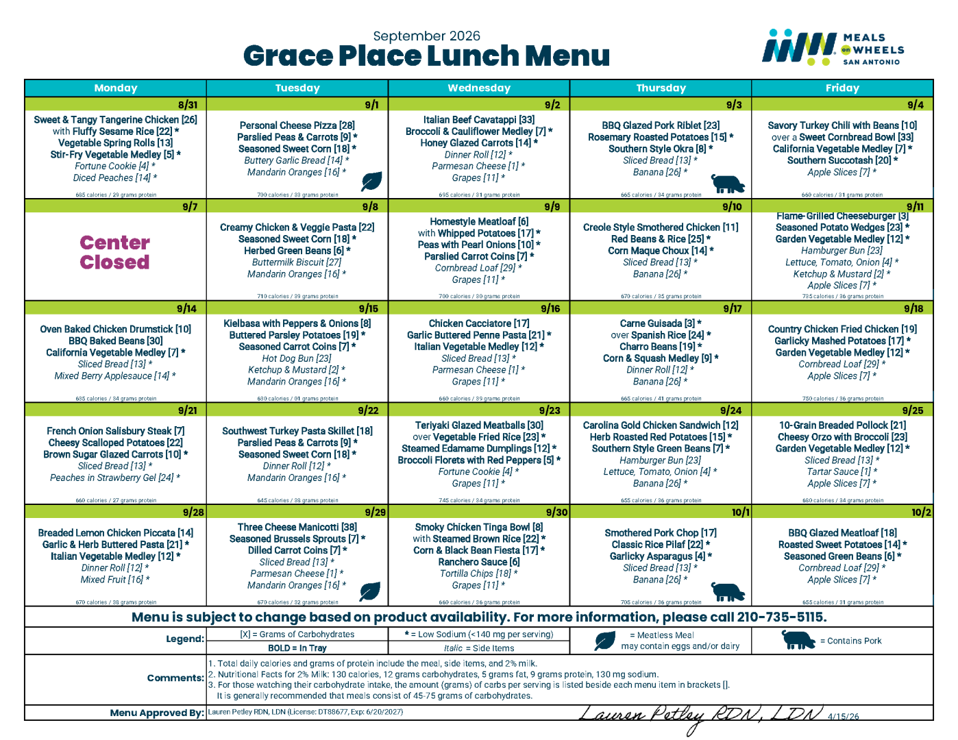 September 2026 Grace Place Lunch Menu