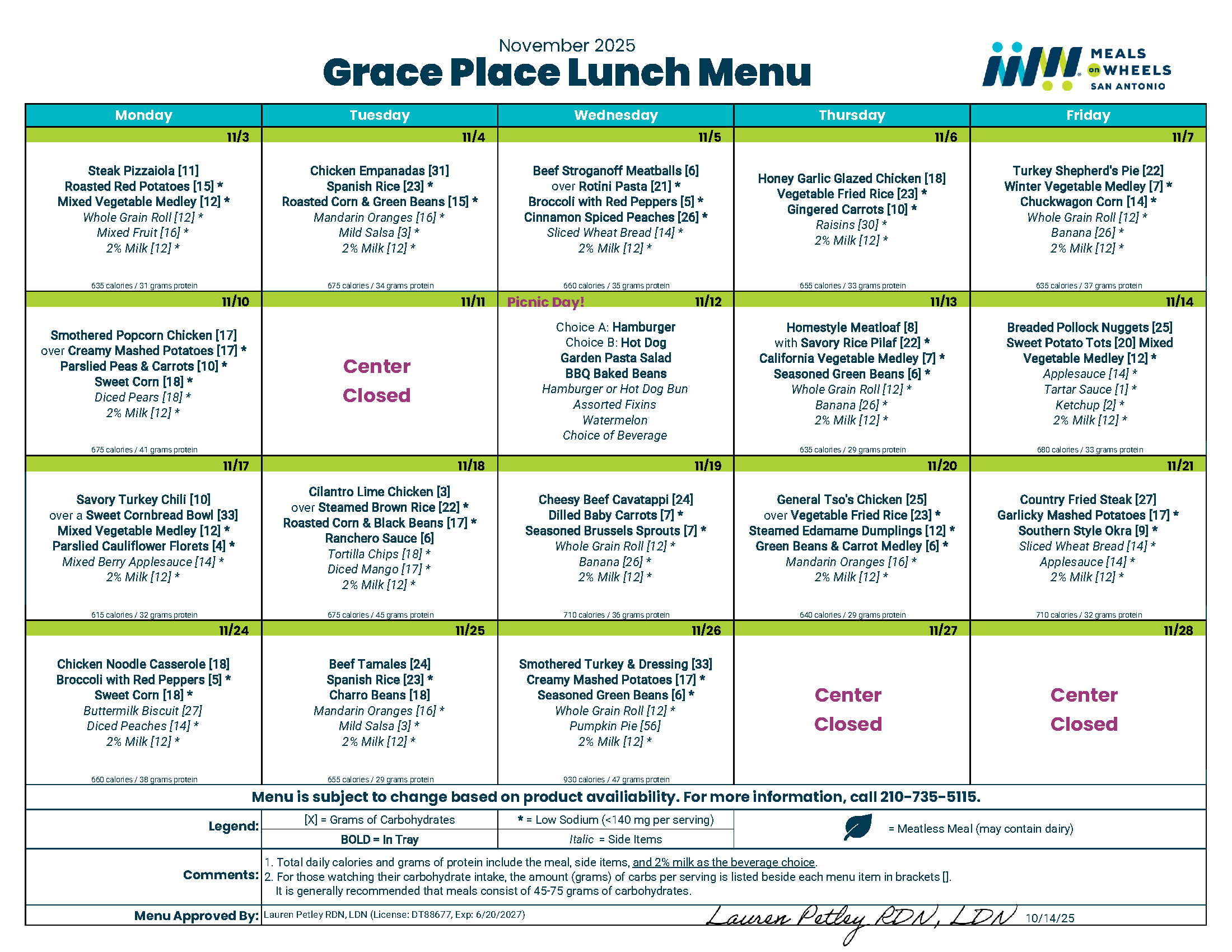 November 2025 - Grace Place Menu