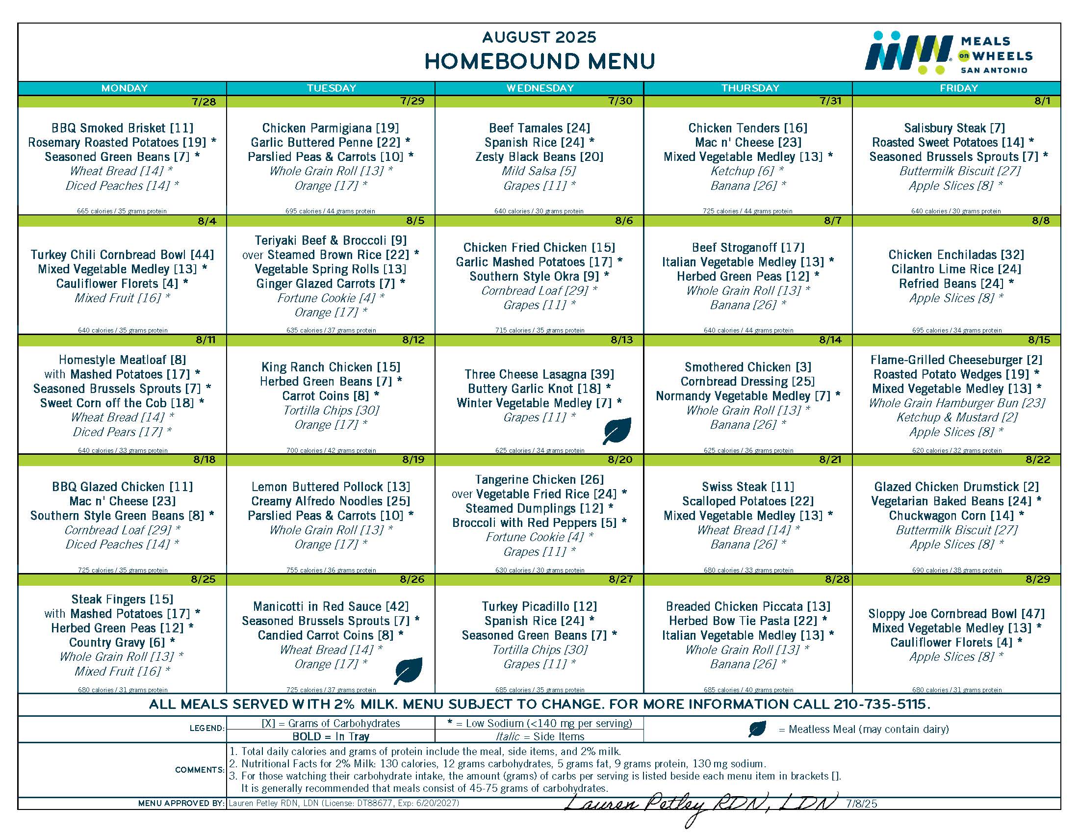 August 2025 Menu