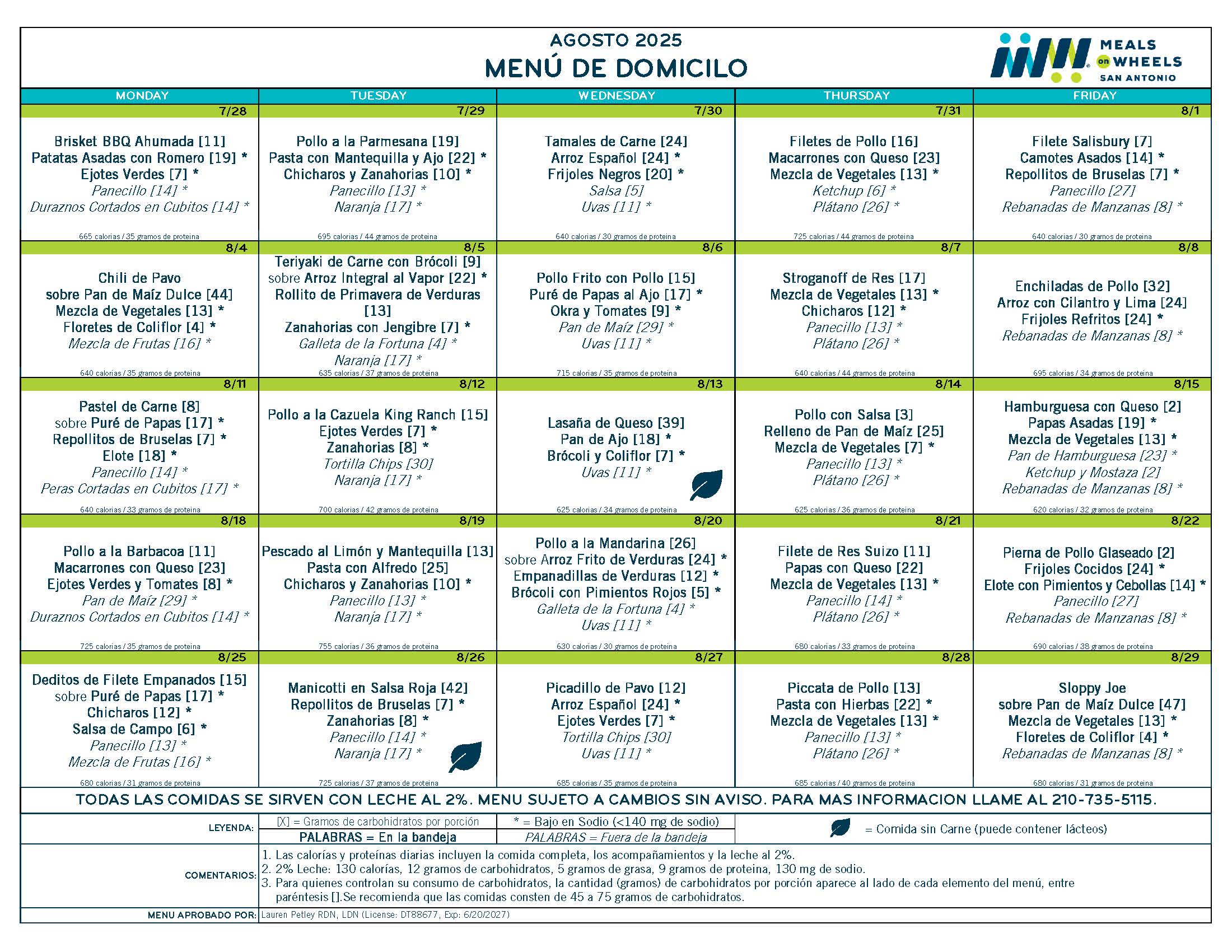 August 2025 Menu in Spanish