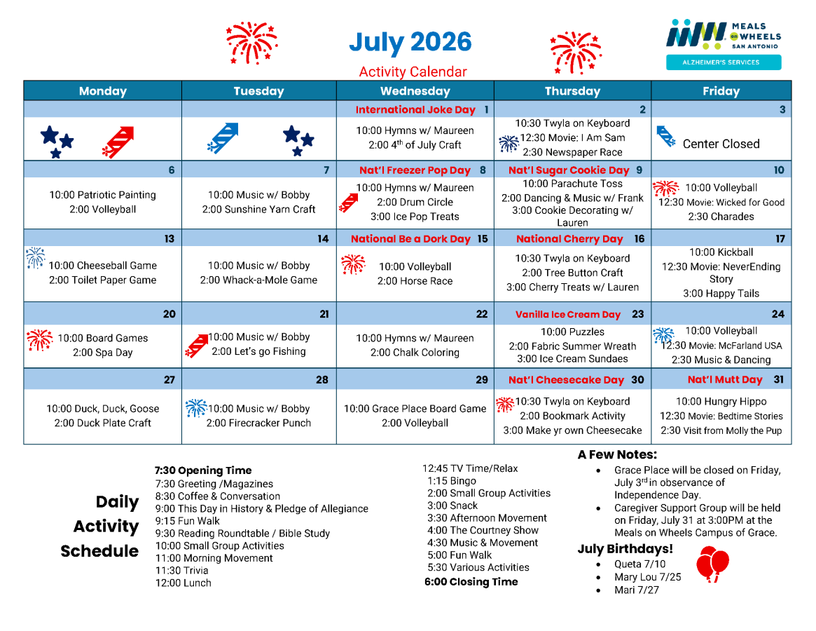 Grace Place July 2026 Activity Calendar