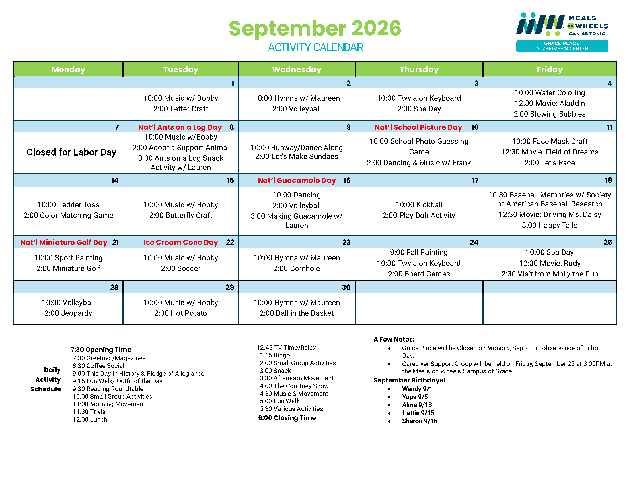 September 2026 Grace Place Activity Calendar