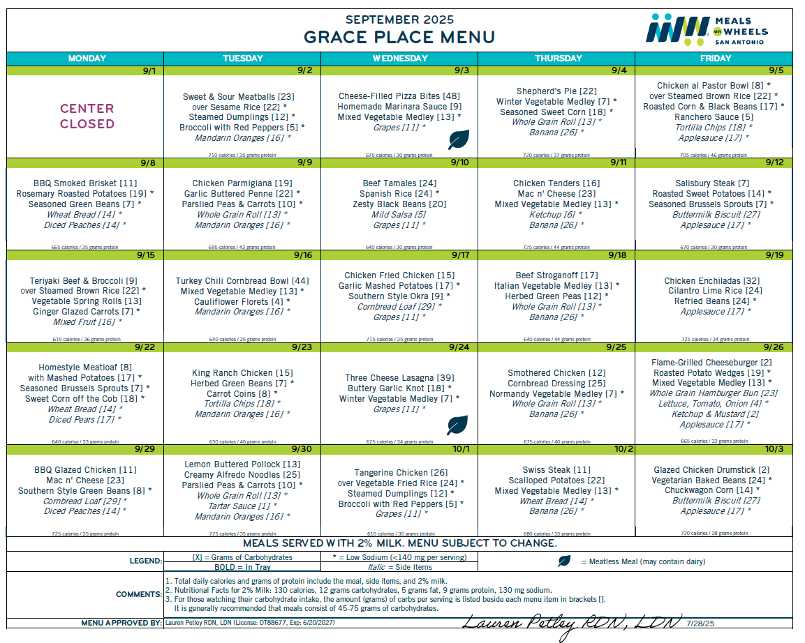 Grace Place September 2025 Menu