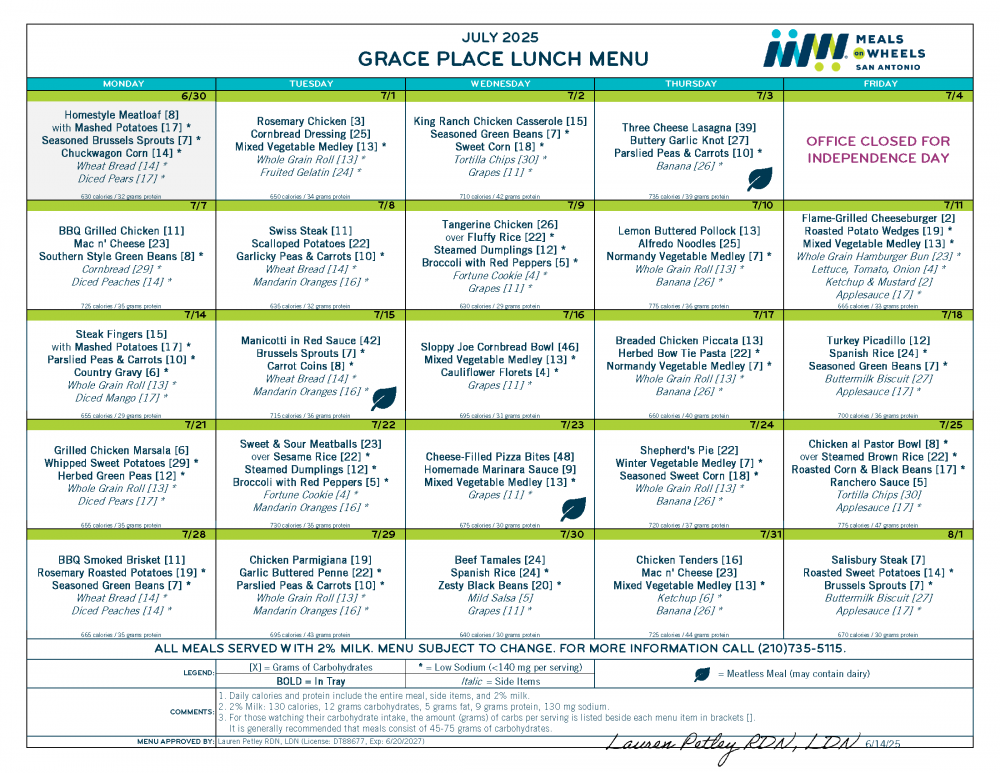 Grace Place July 2025 Menu