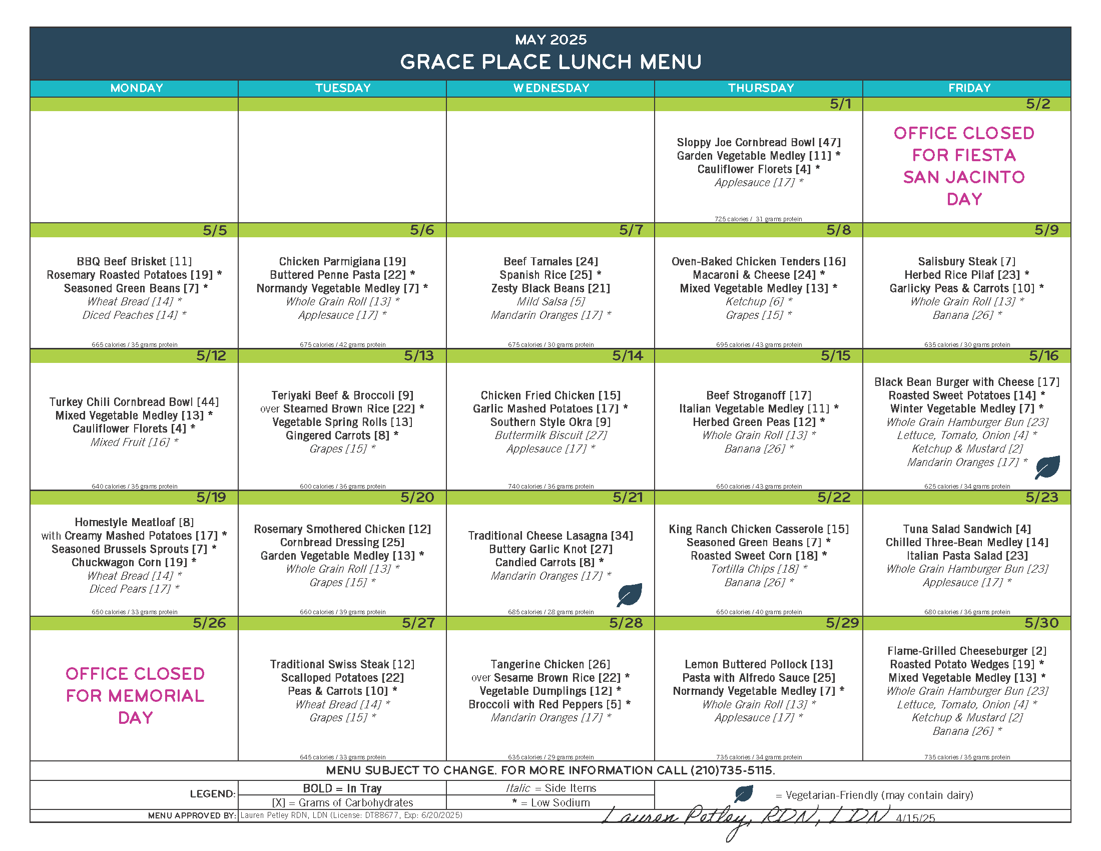Grace Place - May 2025 Lunch Menu