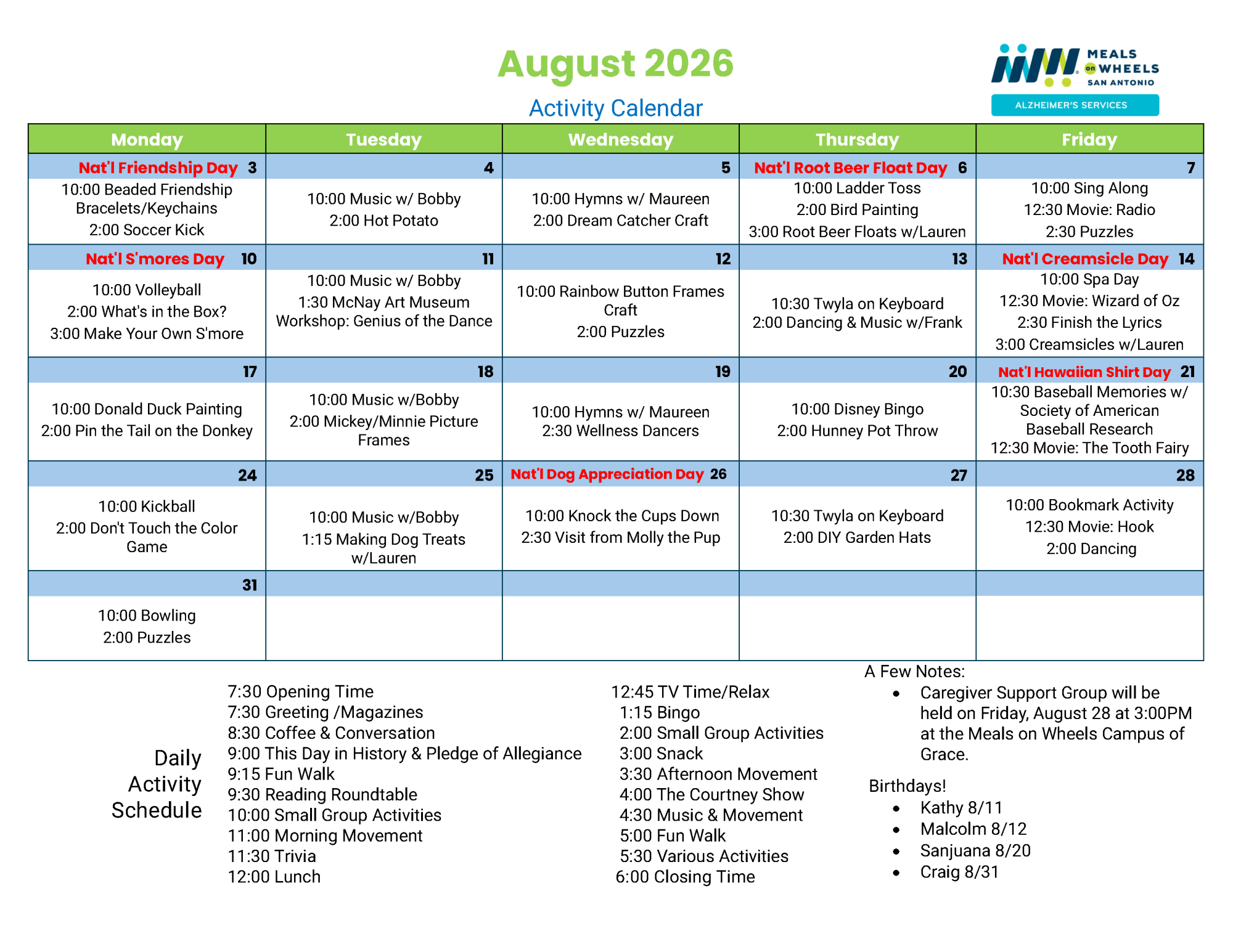 Grace Place Activity Calendar for August 2026
