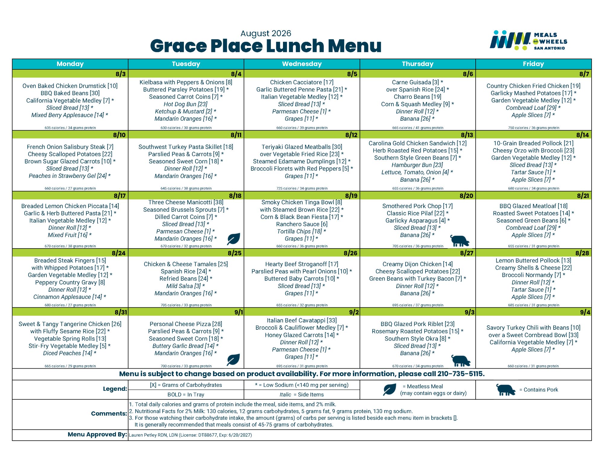 Grace Place Menu for August 2026