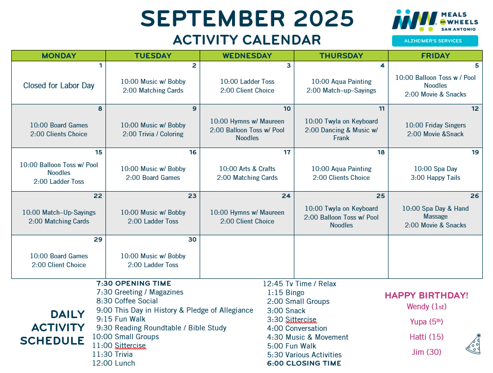 Grace Place September 2025 Calendar