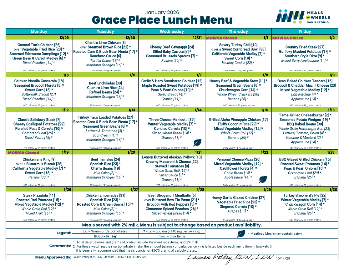 Grace Place January 2026 Menu