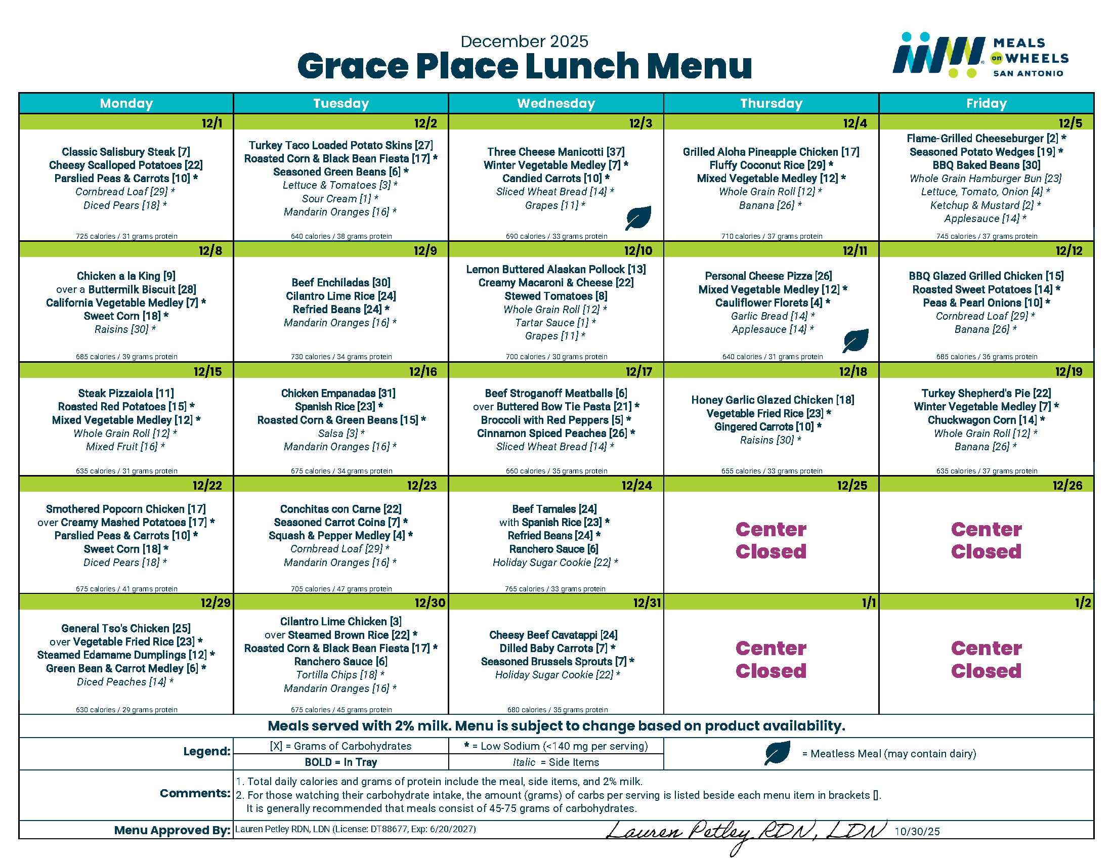 Grace Place - December Lunch Menu