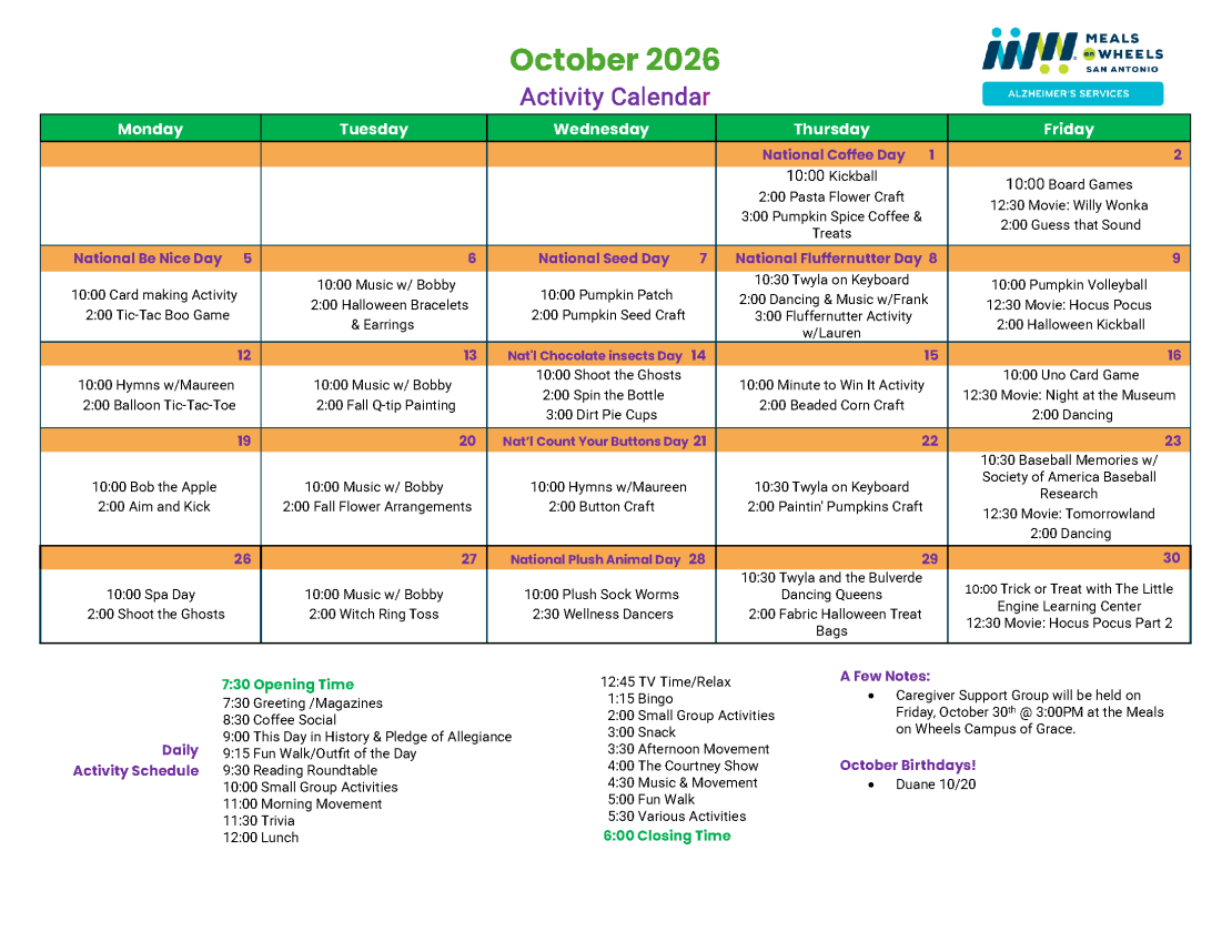 Grace Place October 2026 Activity Calendar