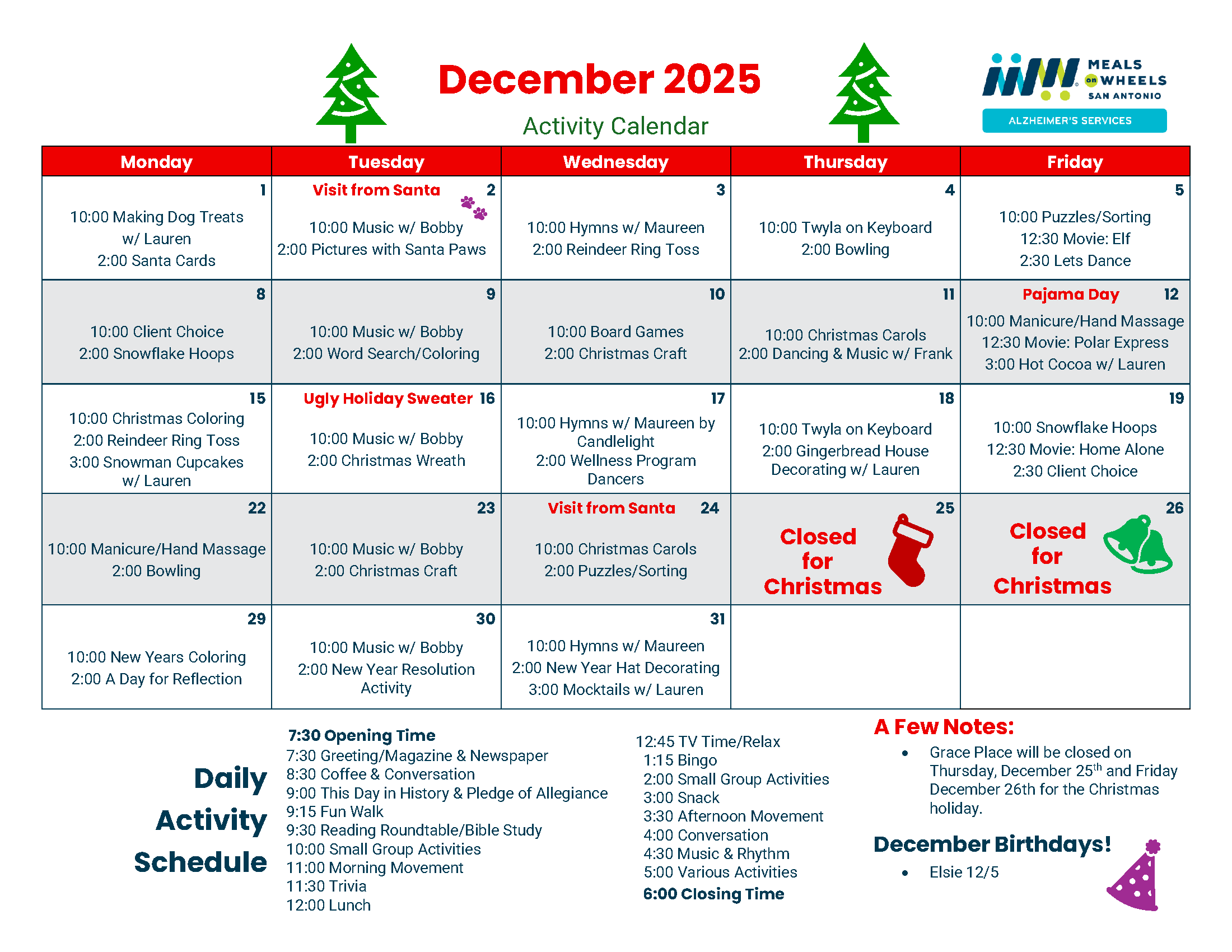 Grace Place - December Activity Calendar