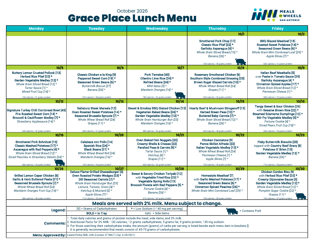 Grace Place October 2026 Menu
