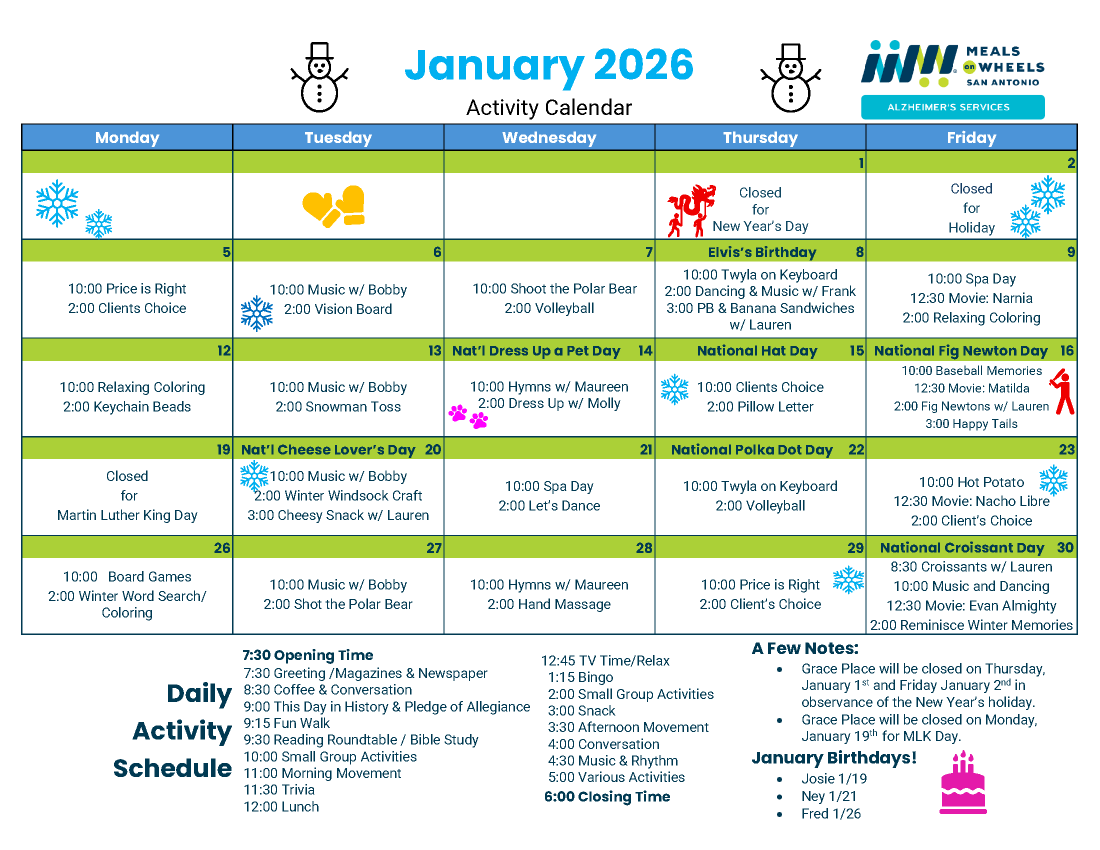 Grace Place January 2026 Calendar