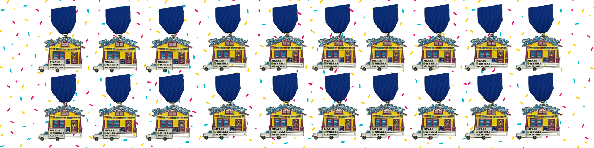 The Meals on Wheels Fiesta Medal 2025 features a cute bungalow all decked out for Fiesta with papel picado! And along the front, a Meals on Wheels van slides along the street, delivering a hot meal in our classic blue bag! 